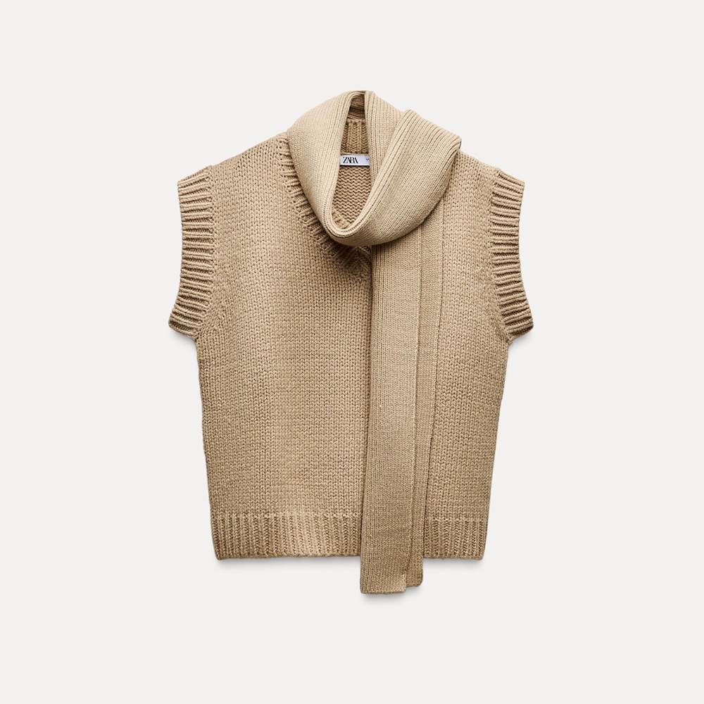 ZARA Knit V-Neck Sleeveless Sweater with matching Scarf Size Medium Beige NEW